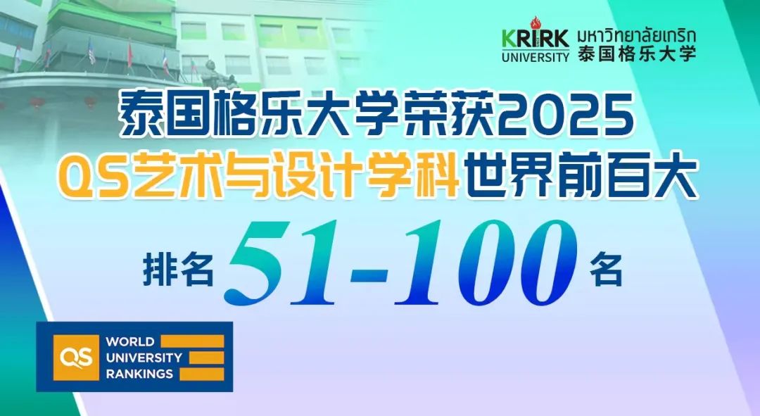 喜报！泰国格乐大学荣获2025 QS世界大学排名艺术与设计学科前百大！全泰第一、中国第五！